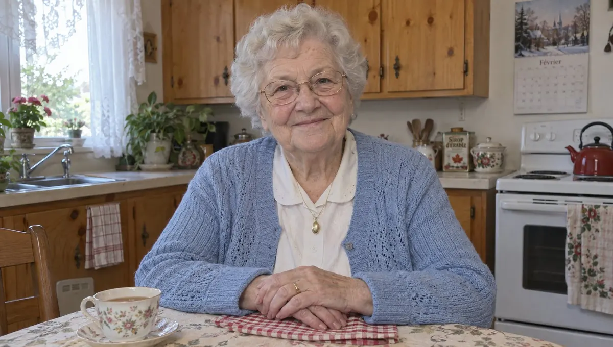 Pierrette, assise à la table de sa cuisine en pin, en cardigan bleu, une tasse de thé devant elle